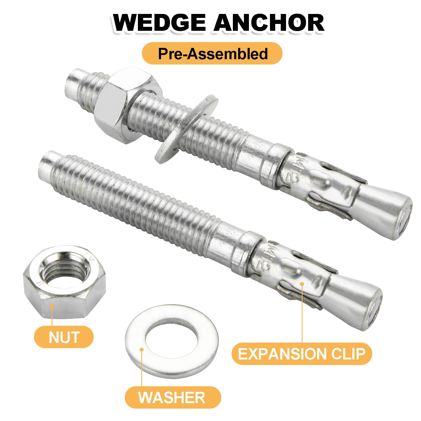 Party Animals 3/4" X 4-1/4" Wedge Anchors – 25-Pack, Zinc-Plated Steel, For Concrete & Cement, Heavy-Duty Industrial