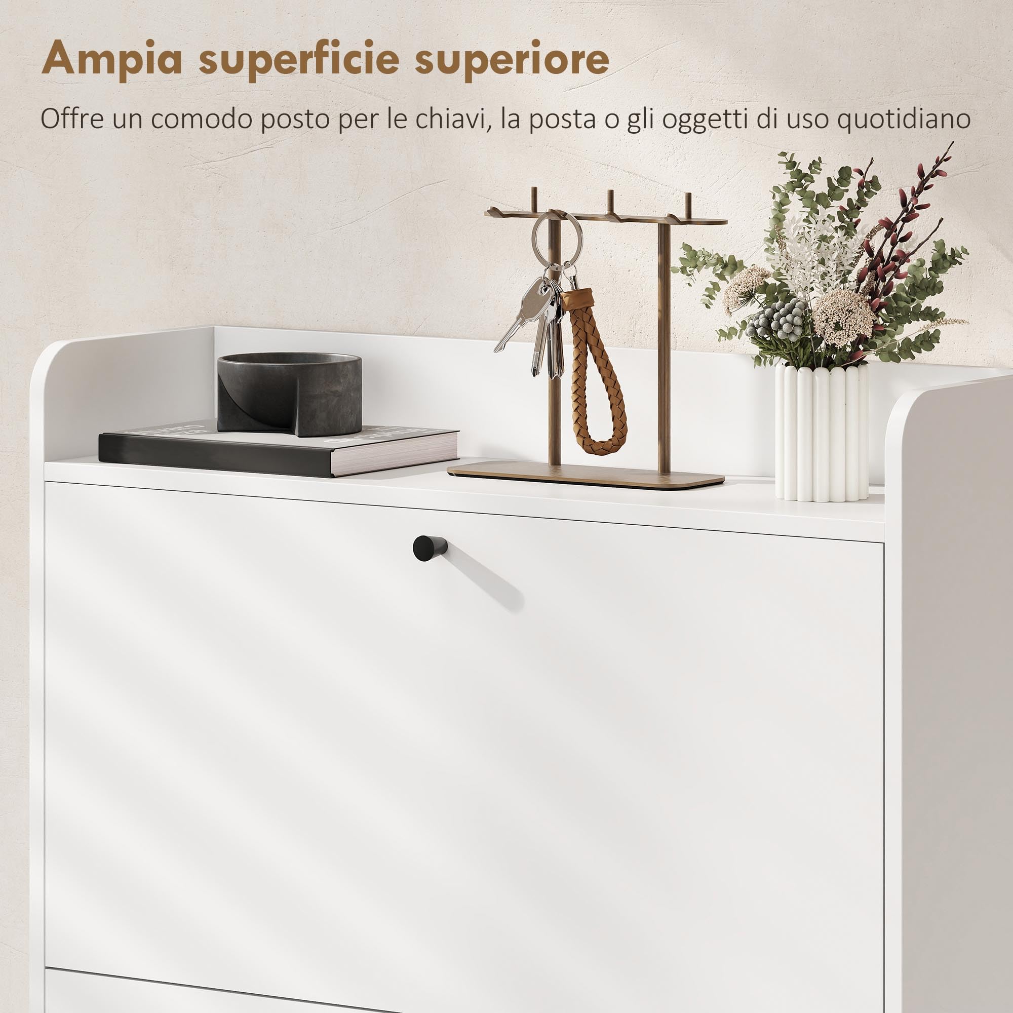 HOMCOM Scarpiera Salvaspazio Slim con 2 Ante a Ribalta, Scarpiera Ingresso con Ripiani Regolabili, Piano Superiore e Base Rialzata, Porta Scarpe per 16 Paia in Legno con Maniglia, 80x24x101 cm, Bianco