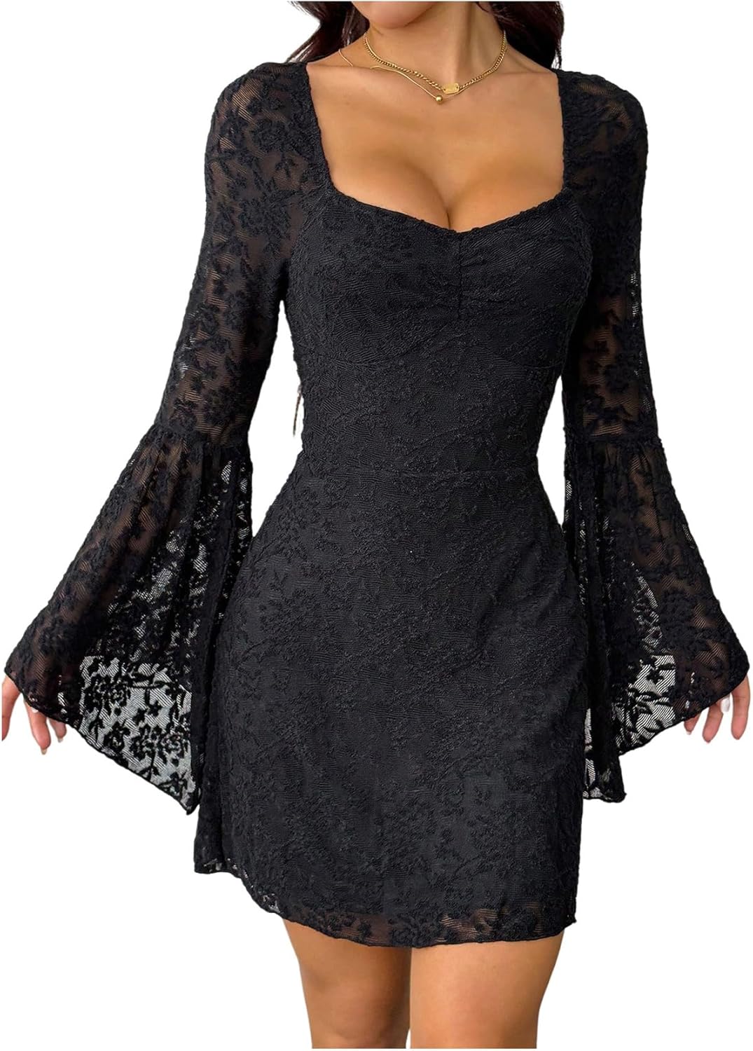 Women's Y2k Lace Gothic Mini Dress Tie Back Bell Long Sleeve Sweetheart Neck Party Date Night Dresses - Image 4