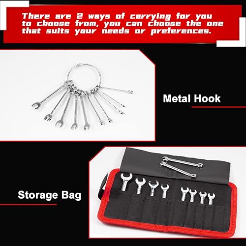 Miniatura 4 de Juego de llaves pequeñas SAE 10 piezas de 532 a 716 pulgadas, juego de llaves de encendido de extremo abierto y extremo de caja con llavero, juego