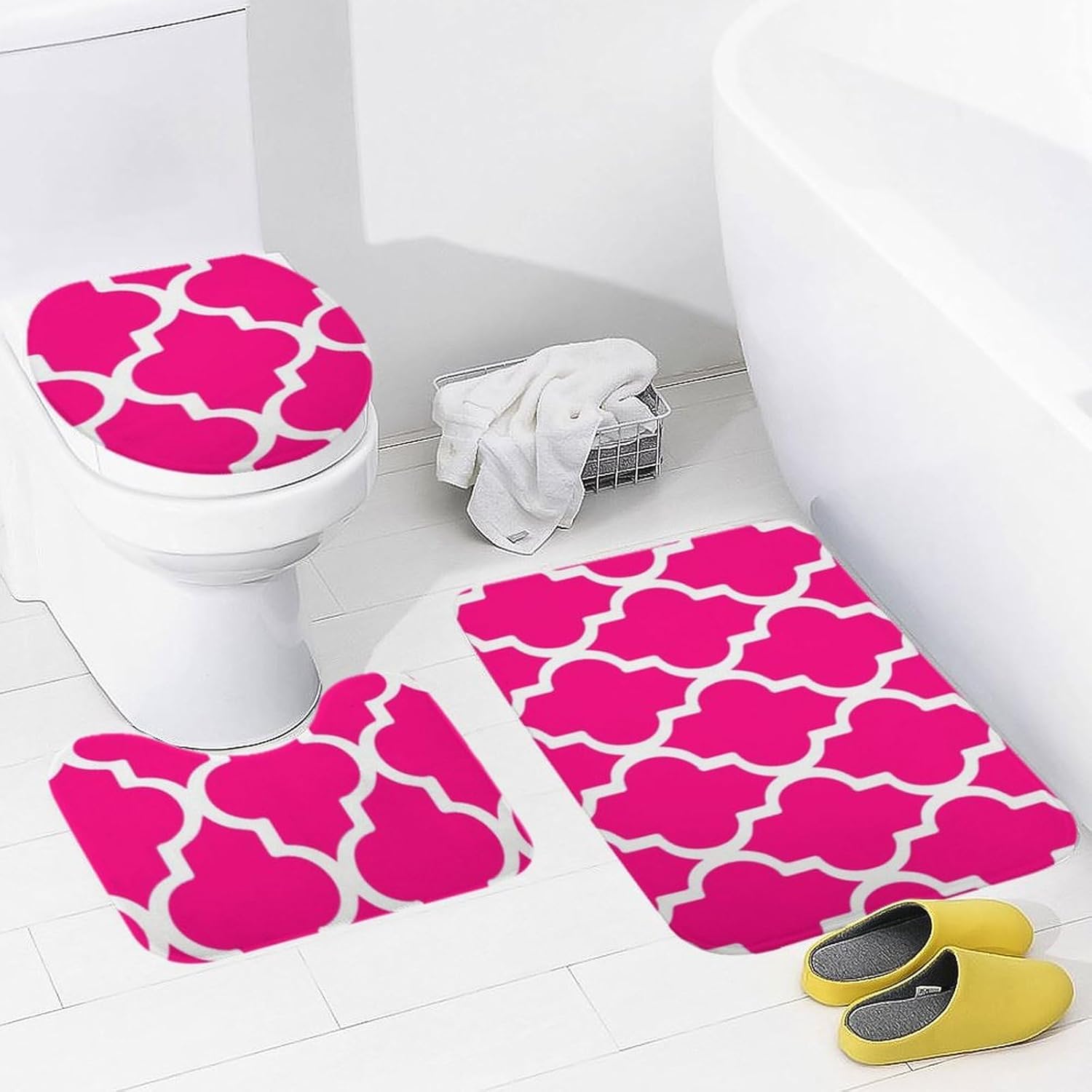 Bathroom Rugs Set 3 Piece Hot Pink Quatrefoil Bath Rug Mat Set, Non Slip Absorbent Bathroom Decor Mat, Toilet Lid Cover & U Shaped Contour Rug