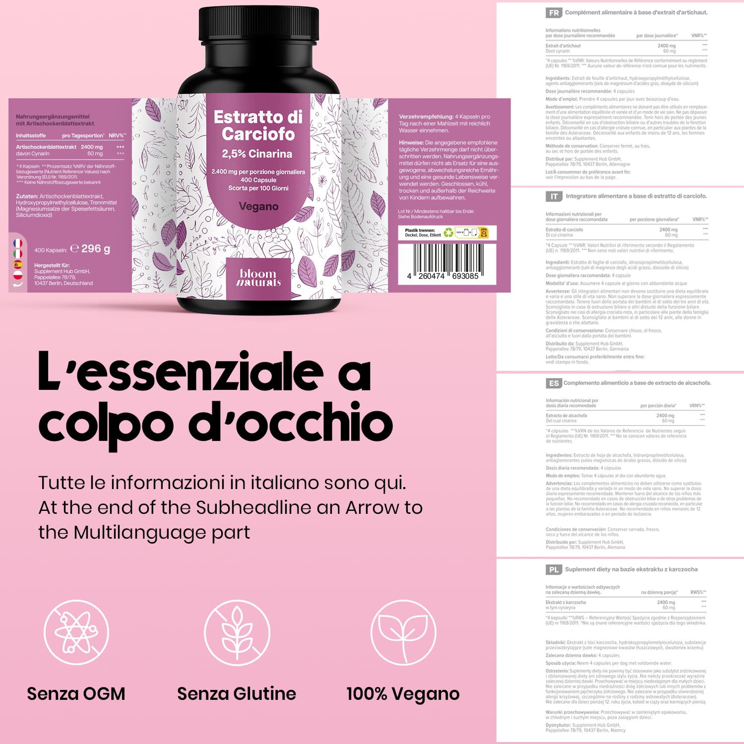 Estratto di Carciofo 2,5% Cinarina – 400 Capsule – 2.400 mg per Porzione Giornaliera – Vegano & Prodotto in Germania - Carciofo Integratore