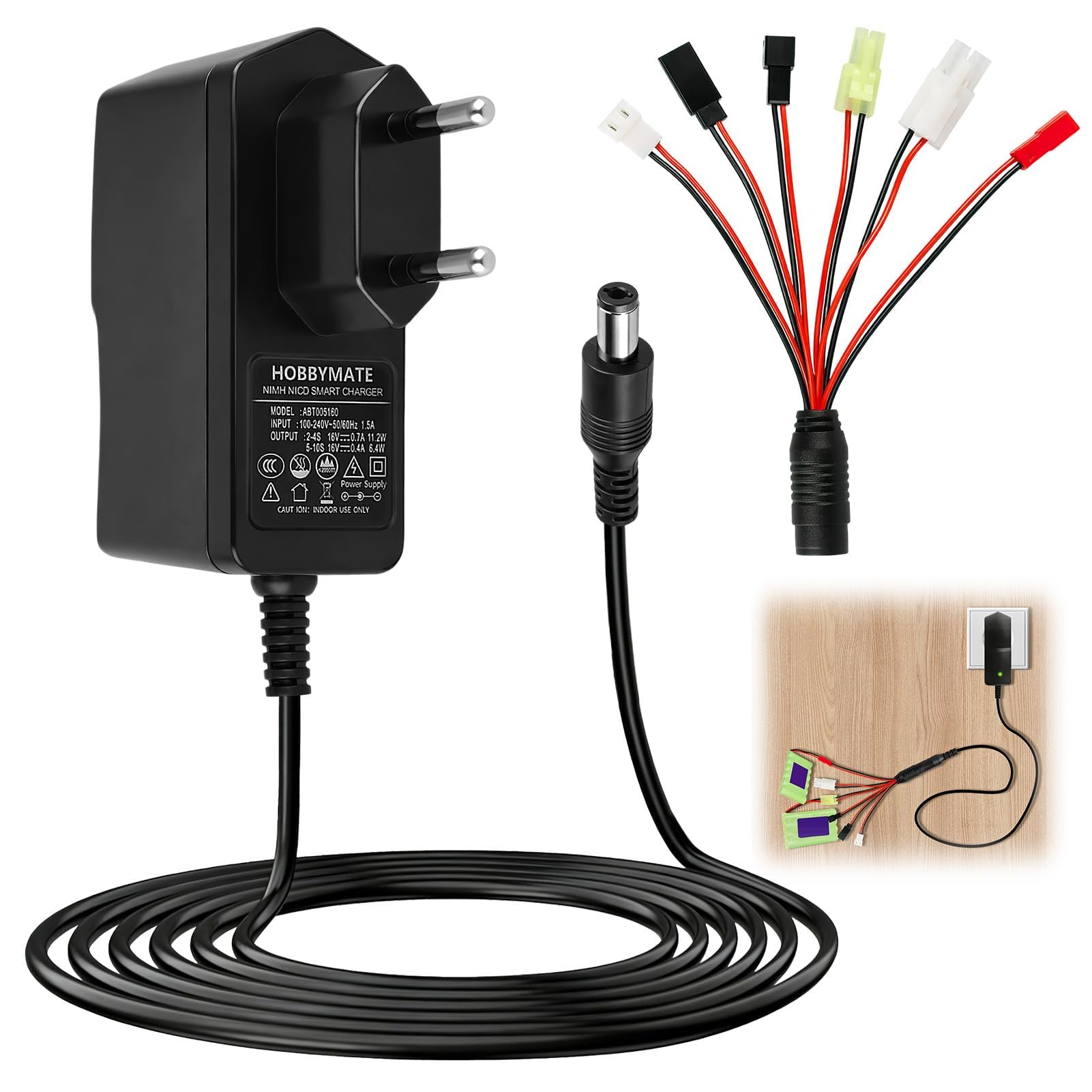 Intelligent RC Chargeur 16V pour 2-10S NiMH/NiCD, Chargeur RC Voiture/Bateau/Avion/Airsoft avec 6 Adaptateurs Universels (Tamiya, Mini Tamiya, SM 2P, JST, HuanQi, XH), Chargeur Batterie Modélisme