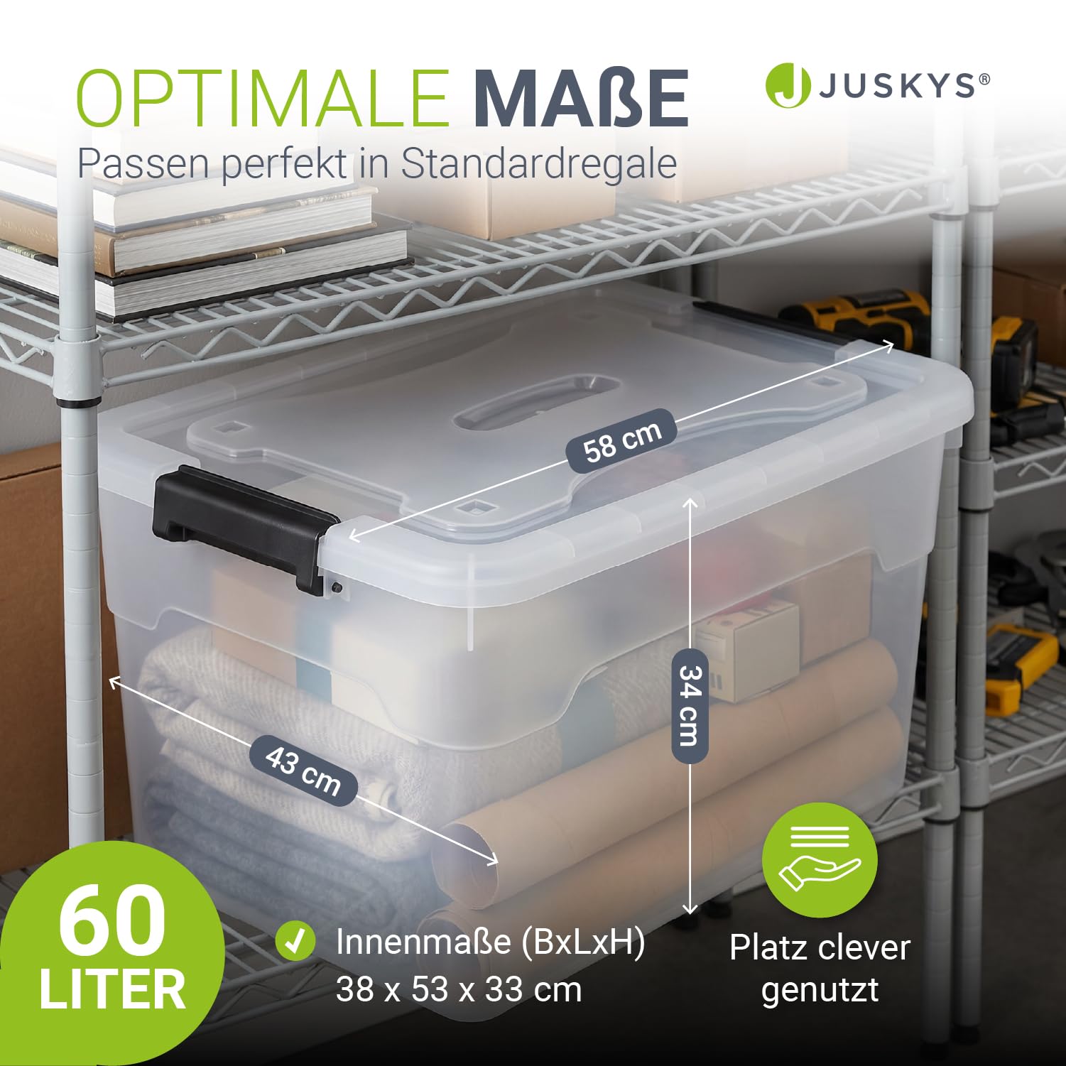Juskys Aufbewahrungsbox mit Deckel - 6er Set Kunststoff Boxen 60l - Box groß, stapelbar, transparent - Aufbewahrung Ordnungssystem Aufbewahrungsboxen