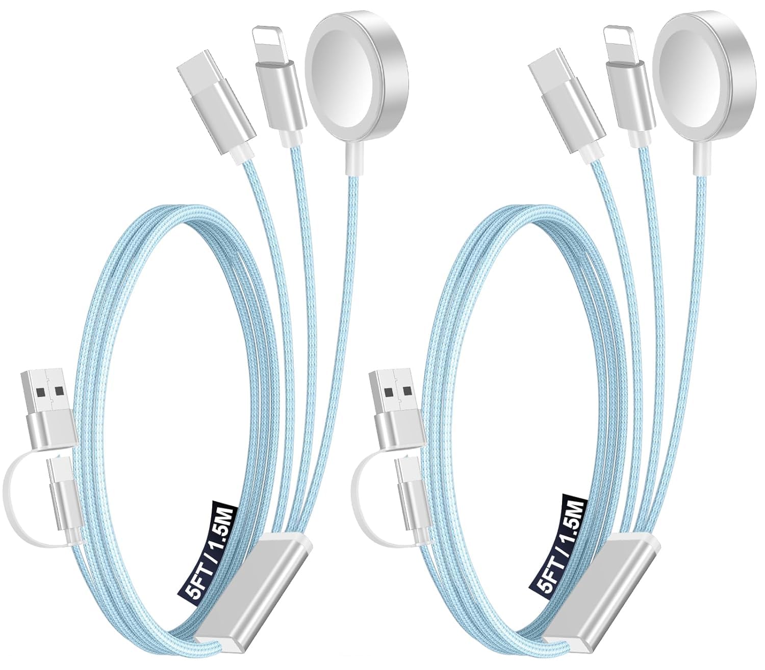 Multi-Ladekabel für Reiseutensilien, Apple Watch-Ladegerät, iPhone-Ladegerät, 3-in-2, Typ C/Lightning-Kabel, tragbar, entworfen für iWatch, iPhone 17–8, Galaxy S26–21, AirPods, iPad, 1,5 m, Blau, 2