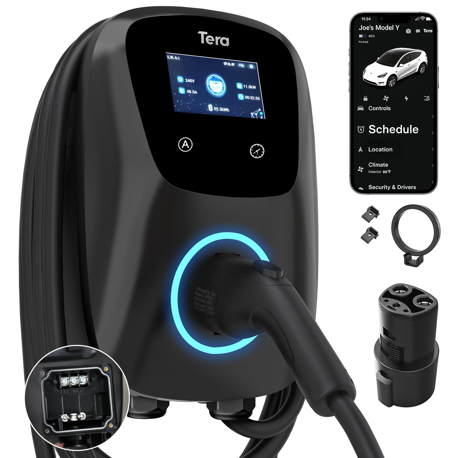 Tera Electric Vehicle Charger Hardwired: for Tesla J1772 EVs ETL Level 2 48 40 Amp 240V Home Charging Station with Manual Setting Amps Schedule on Unit NEMA 14-50 25 FT Cable