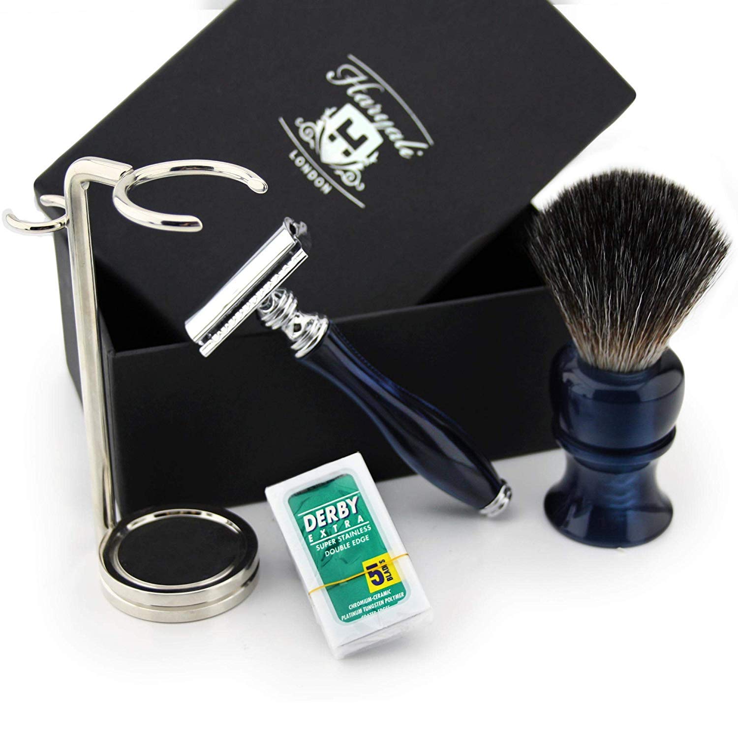 Vintage Stil Traditionelle Nass Rasier Set - 3 Teile Doppel Rasierhobel & Synthetik Dachshaar Rasierpinsel Special Edition
