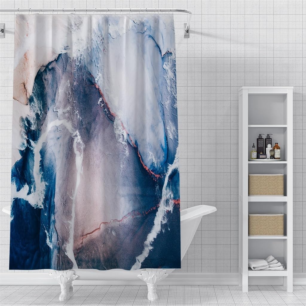 Cortina de Ducha 240 x 200 cm Mármol de Lujo, con Ondas de Agua en Azul Grisáceo y Textura de Mármol, Tela de Poliéster Impermeable, Moderna Bañera/Baño con Ganchos, 240 x 200 cm (1 Paneles)