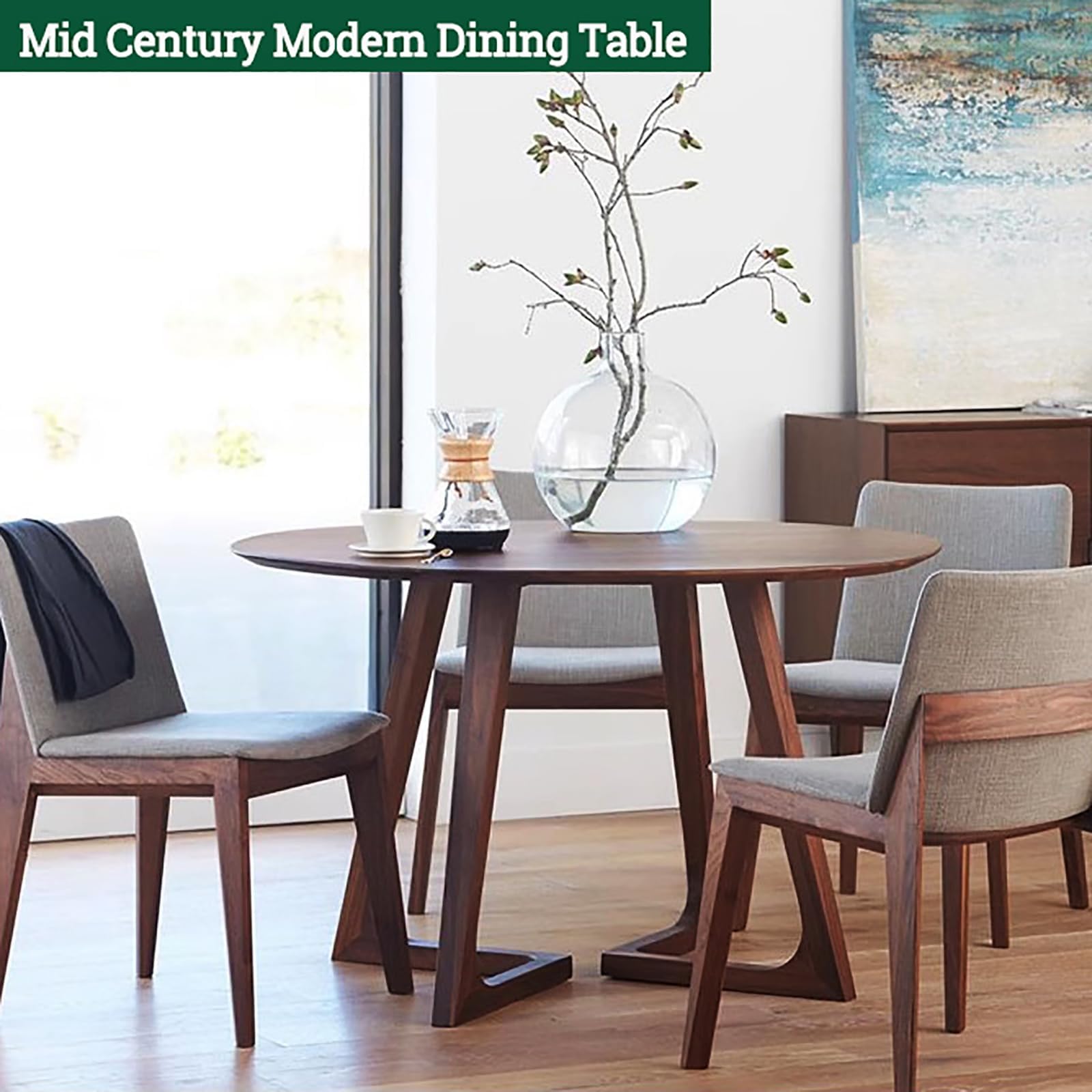 Solidny drewniany okrągły stół jadalny w stylu Mid Century Modern - rustykalny design na postumencie do małych przestrzeni - miejsca dla 2-4 osób - meble do kuchni i jadalni,Walnut,100cm