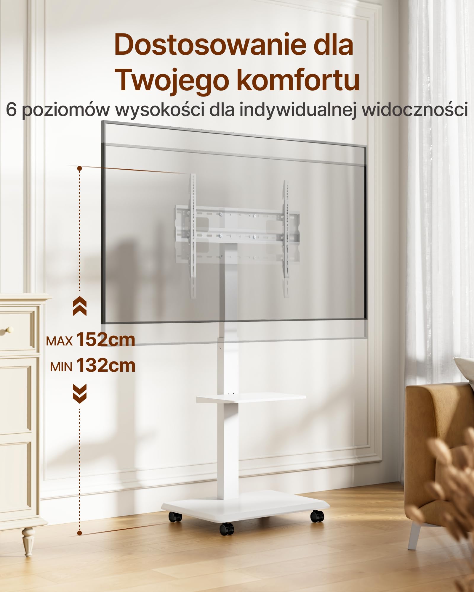 VESA VESA stojak na telewizor ze stali na kółkach do 37-75 cali do 50 kg, VESA 600 x 400 | Regulowana wysokość, wychylny stojak pod telewizor z półką, ukryte zarządzanie kablami, regulacja poziomu ± 3°, biały