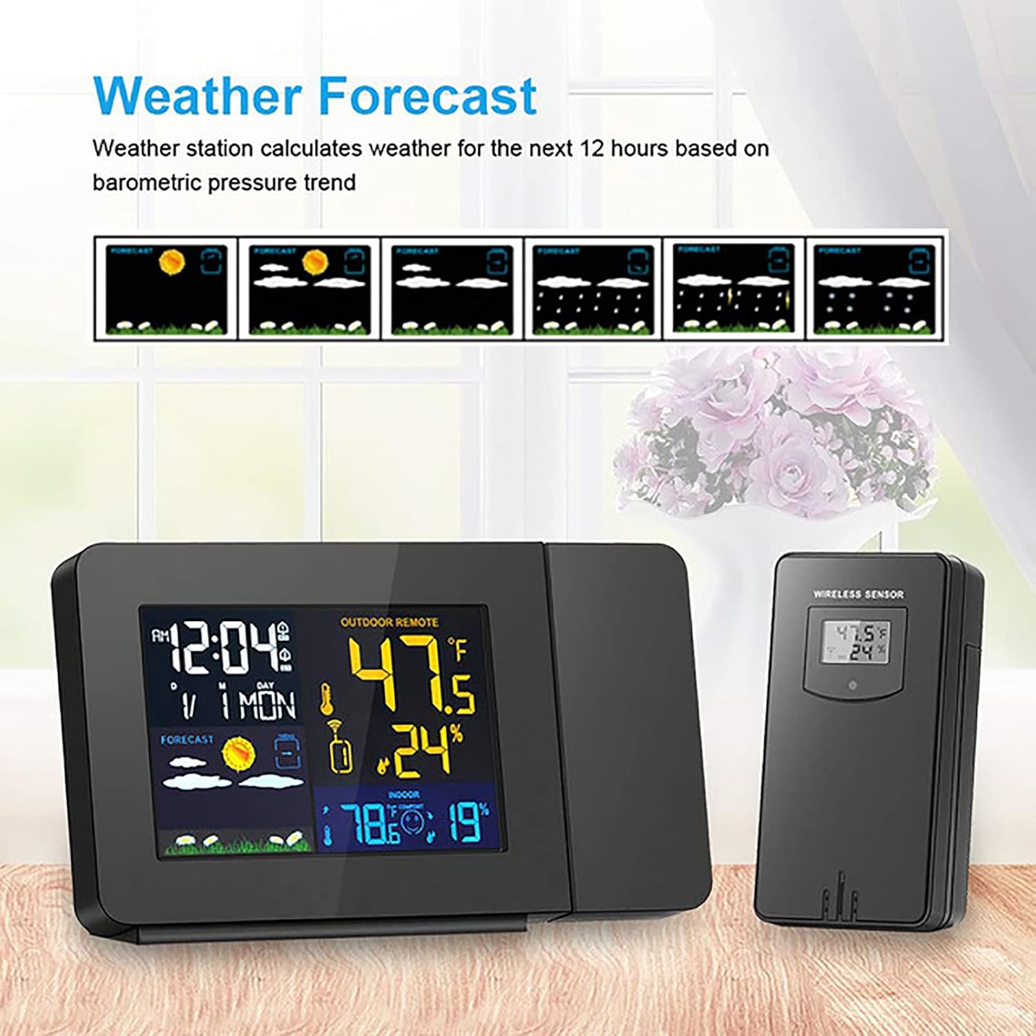 Wireless Weather Station Projection Alarm Clock, with Backlight Colorful Outdoor Weather Sensors, Date Snooze Digital Temperature Humidity Clock