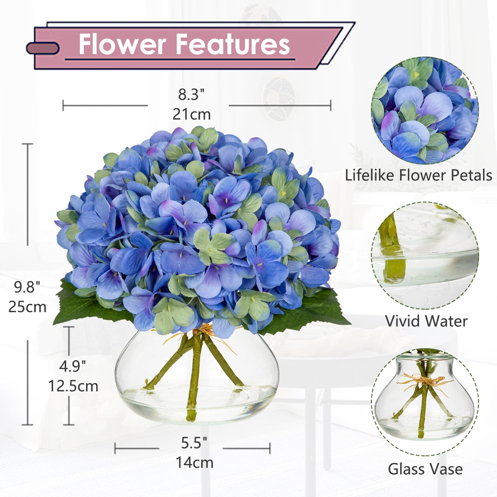Oairse Hydrangea Artificial Flowers with Glass Vase Blue Silk Faux Flowers Arrangements in Vase with Faux Water Fake Floral Bulk Bouquet for Home Wedding Decor Table Centerpiece Decorations - Image 2