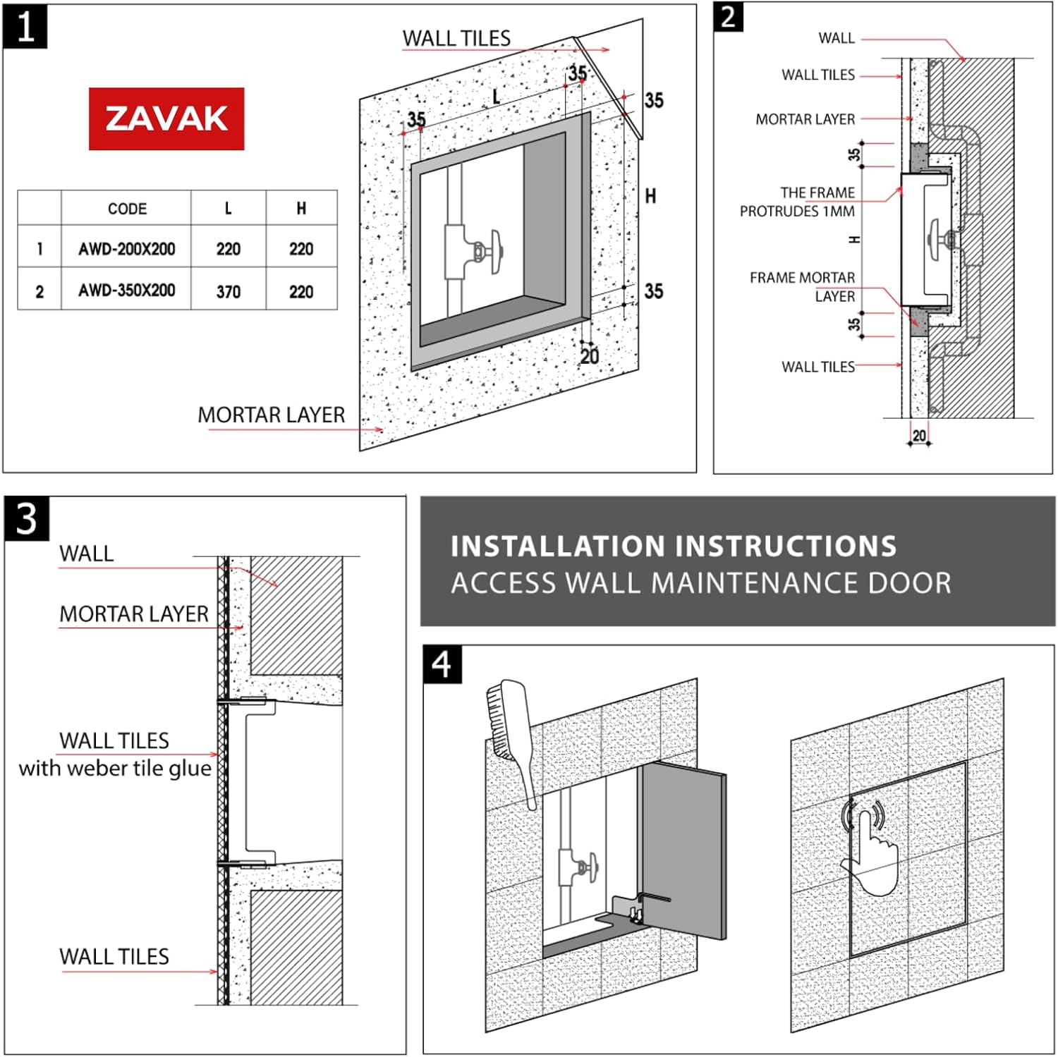 ZAVAK Access Panel with Double Tileable Door, Made from 304 Stainless Steel