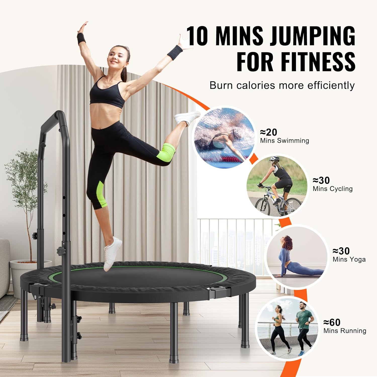 VEVOR Foldable Mini Trampoline, 51 Inch Fitness Rebounder, Max Load 450lbs Exercise Trampoline, Stable & Quiet Trampoline with 4 Level Height Adjustable Foam Handle, for Adults Indoor/Garden Workout