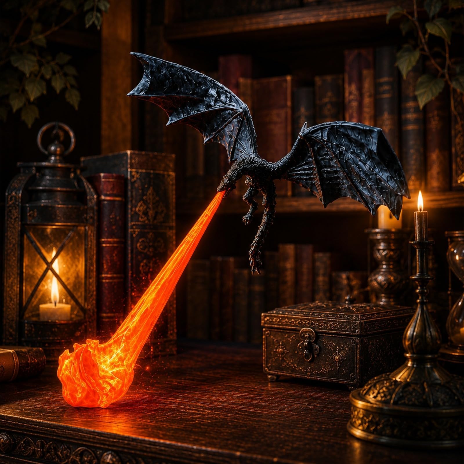 Dragon Bookshelf Nook Light 3D Printed with Flame Glow，Black Dragon with Red Flame：Small