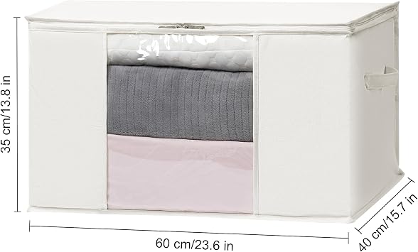 TYEERS Large Storage Bags with Zip and Clear Window, Cotton Blended Fabric Storage Containers for Seasonal Clothes and Bedding, 60x40x35 cm, 2-Pack, Beige