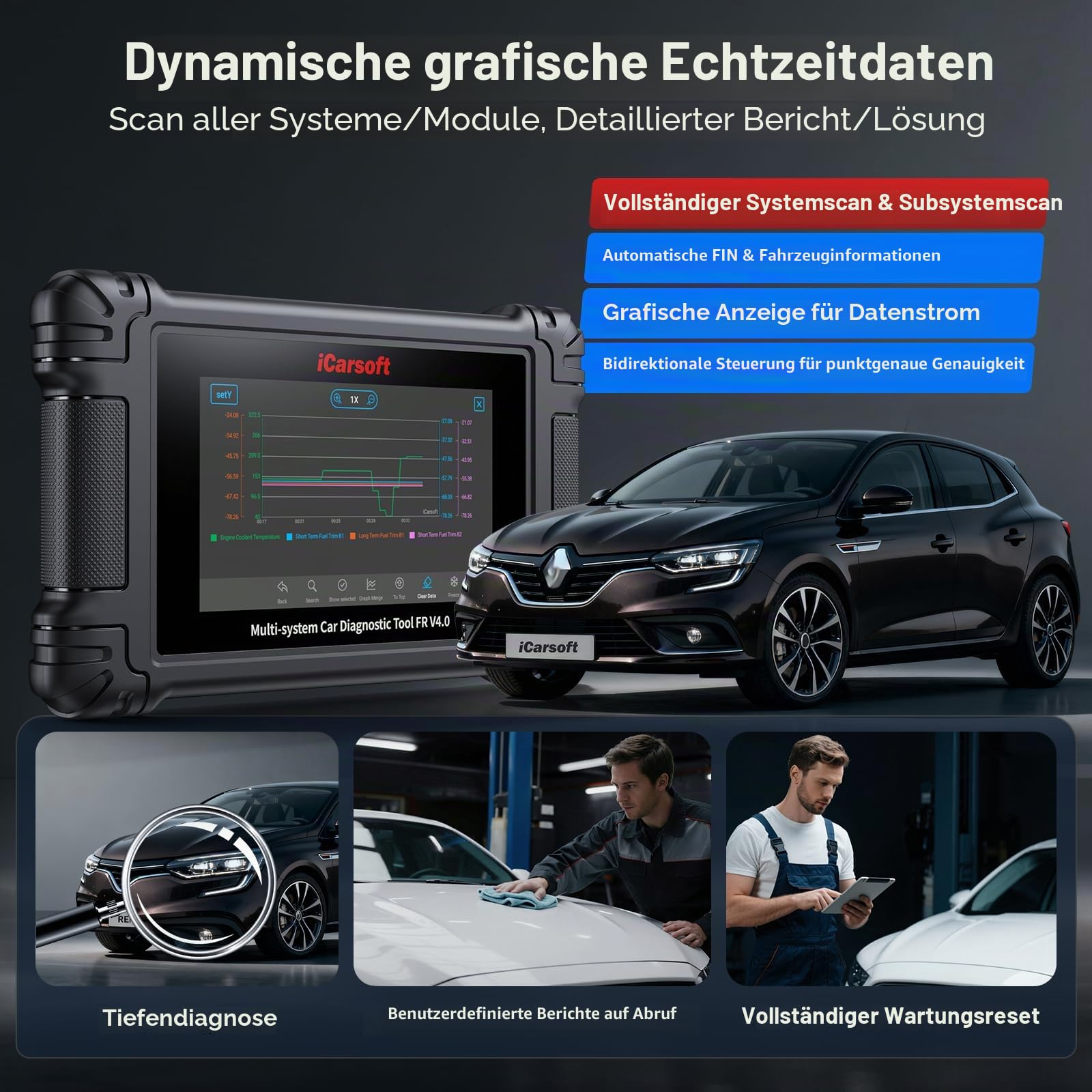iCarsoft FR Universal Diagnosegerät für Peugeot/Citroen/Renault/FIAT/Dacia, Vollsystem OBD2-Scanner, 43+ Service-Code-Leser, bidirektionaler Test, Auto VIN, WLAN-Update