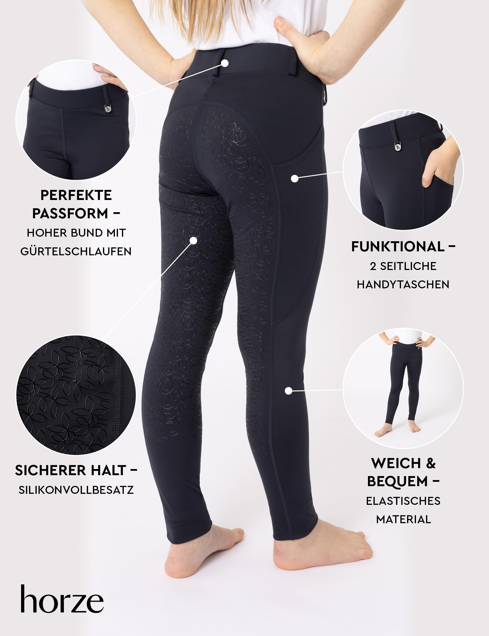 HORZE Kinder Reitleggings DEA, Reithose Mädchen, Gürtelschlaufen, Vollbesatz, Handytasche, Blau, 134/140