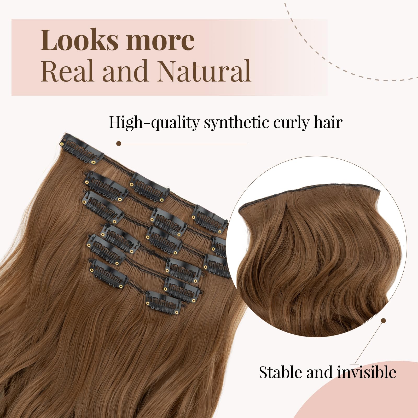 TESS Curly Hair Extensions Clip in 22 Inch 6PCS 16 Clips Heat Resistant Synthetic Wig Tangle-Free Double Weft Hair Pieces for Women UK 150g #06 Light Brown - Image 2