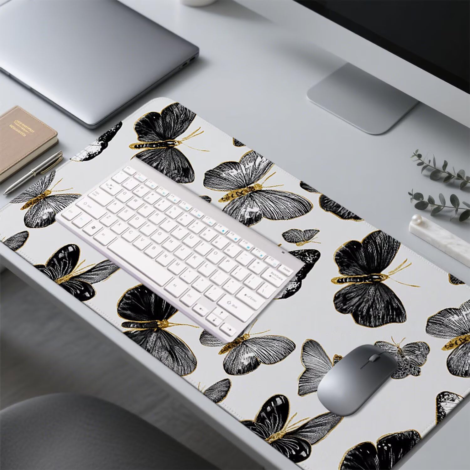Podkładka pod mysz, czarno-biała, XXL, na biurko, akcesoria gamingowe, motyl, duża podkładka pod mysz, 1400 x 600 x 3 mm, wodoodporna, antypoślizgowa, gumowa podstawa do biura, laptopa, PC w-216