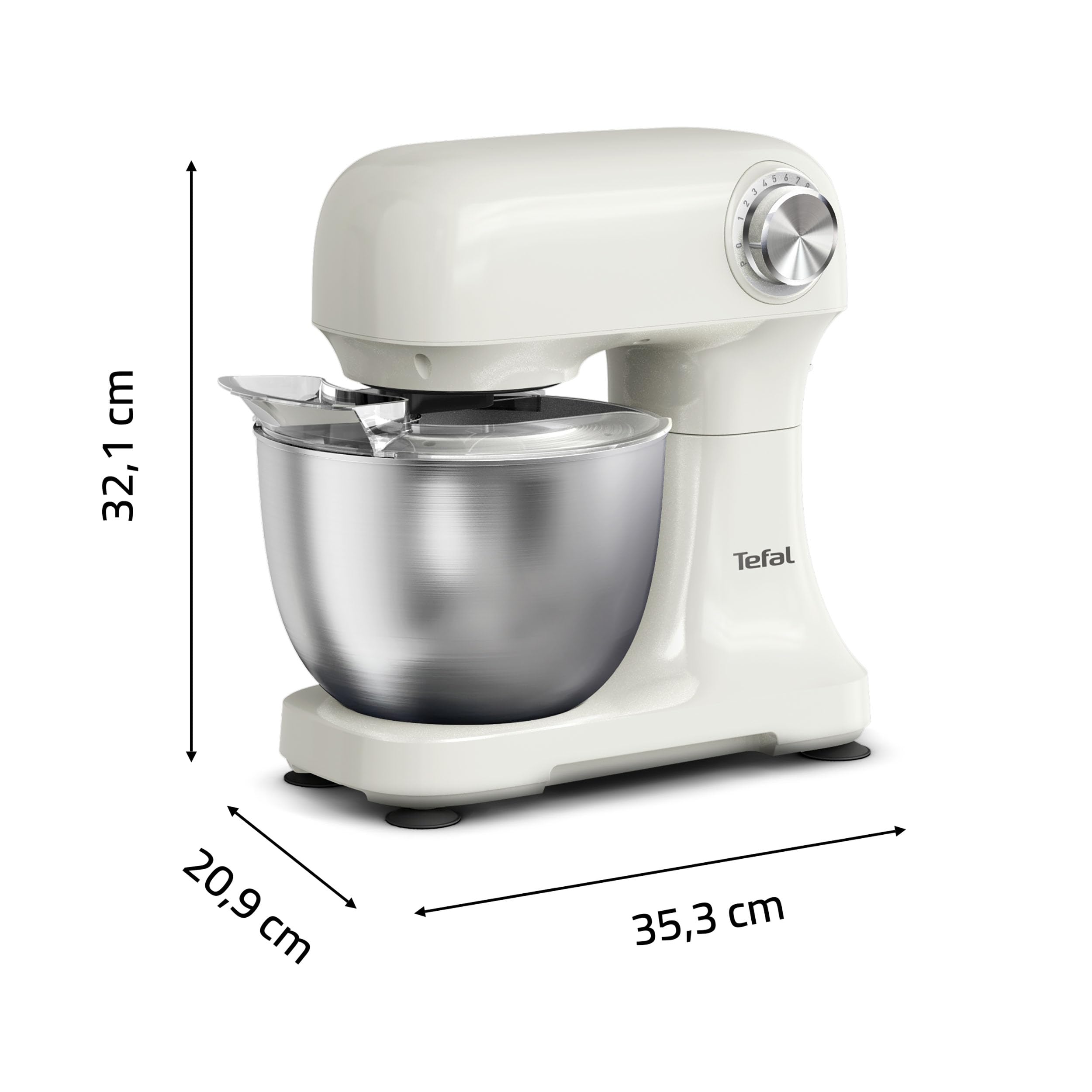 Tefal Bake Easy, Küchenmaschine, kompakt, einfache Bedienung, 12 Geschwindigkeiten, Pulsfunktion, 3,5-Liter-Schüssel, inkl. Schneebesen, Rührbesen, Knethaken, 500 Watt, Weiß, QB140AF0