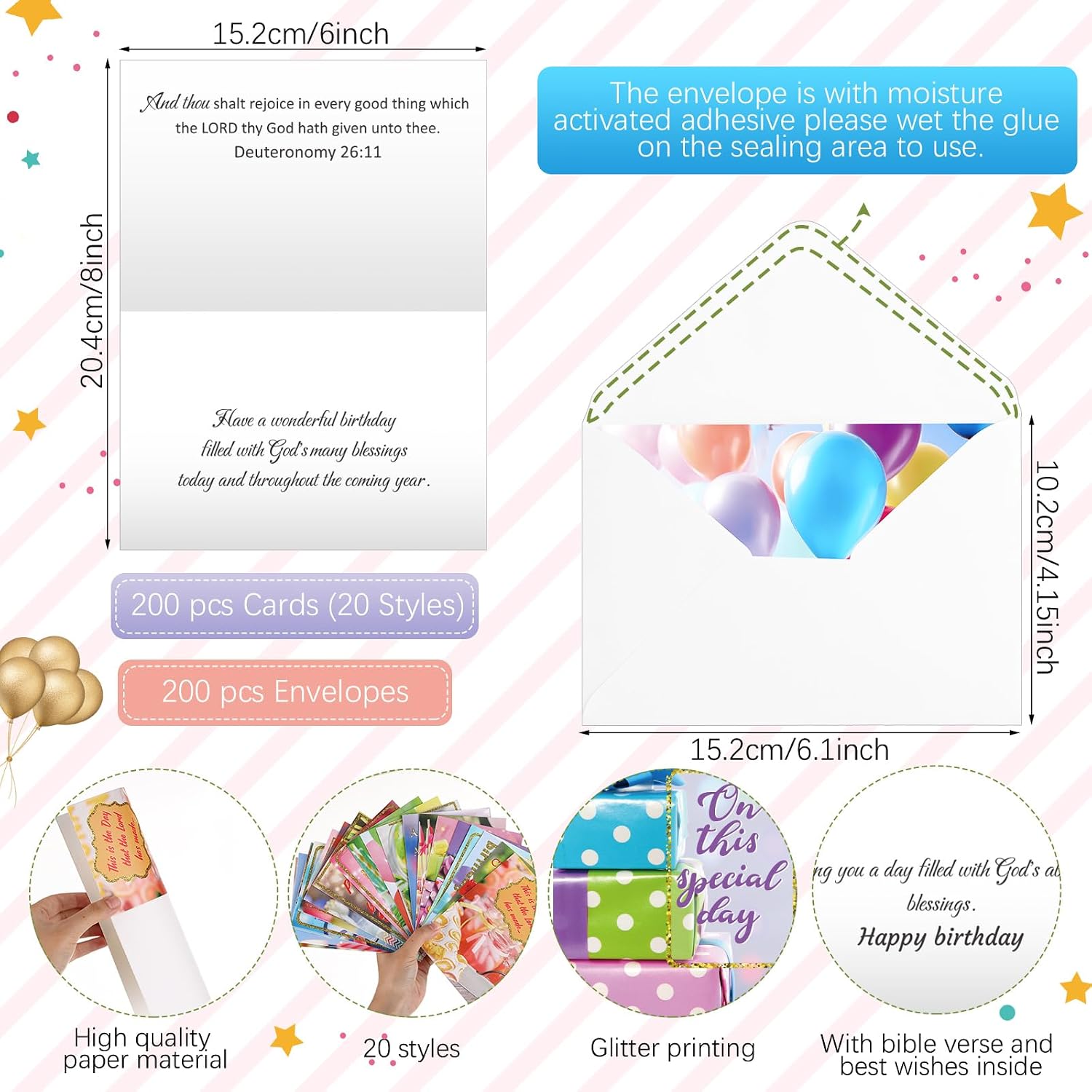 Zhanmai 200 Pack Religious Christian Birthday Cards Bulk with Scripture Bible Verse 4 x 6 Inch Assorted Christian Blessings Birthday Greeting Cards with Envelopes (Glitter Style)