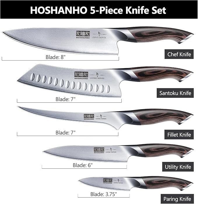 The HOSHANHO Knife Set is not only about performance but also comfort and style. The ergonomic pakkawood handles are designed for ultimate comfort, with smooth curves that adapt to your hand shape, minimizing fatigue during extended use. The set's fashion-forward design combines practicality with elegance, making it a perfect addition to any kitchen or a thoughtful gift for culinary enthusiasts. Embrace this stylish and timeless choice that seamlessly integrates superior functionality with contemporary aesthetics.