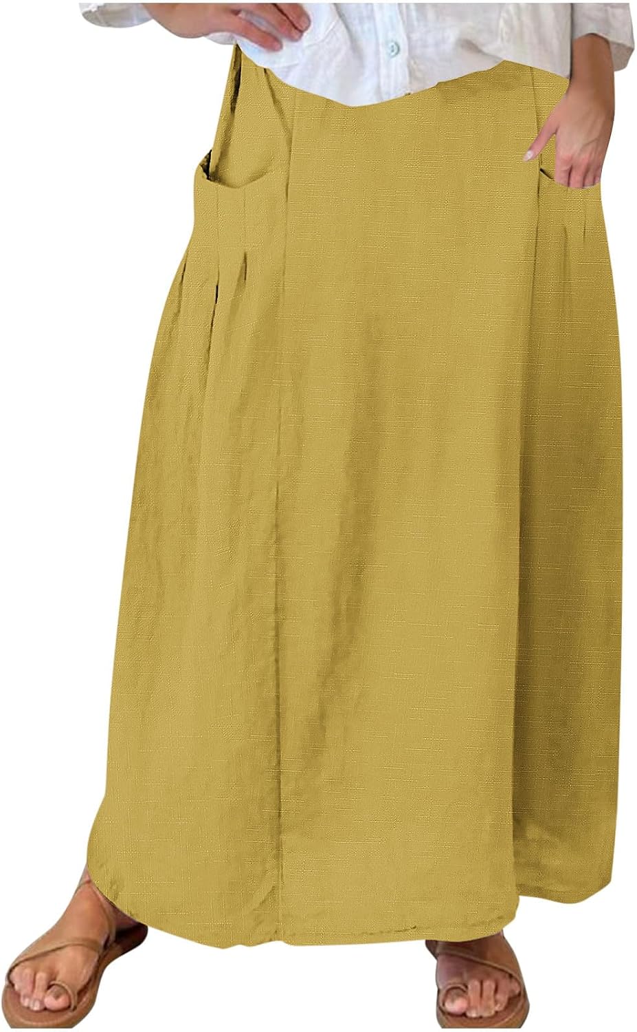 Women's Casual Elastic Waistband Skirt Boho Pleated Pocket Mid Calf Skirts Fashion Summer Solid Loose Half Dress