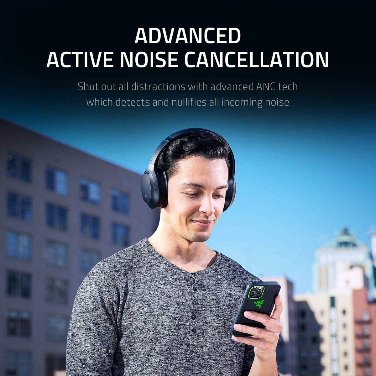Razer Opus Active Noise Cancelling ANC Wireless Headphones: THX Audio Tuning-Up to 40 Hr Battery – Bluetooth 5.0 & 3.5mm Jack Compatible - Auto Play/Auto Pause - Carrying Case Included-Black (Renewed)