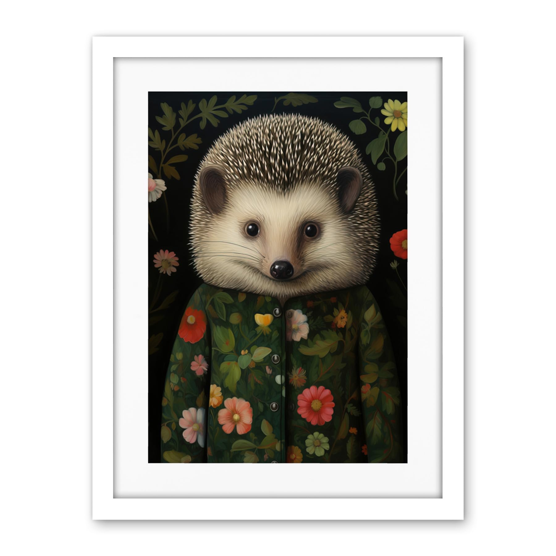 Artery8 Hedgehog in Hedgerow Floral Jacket Cute Kids Bedroom Artwork Framed Wall Art Print 18X24 Inch