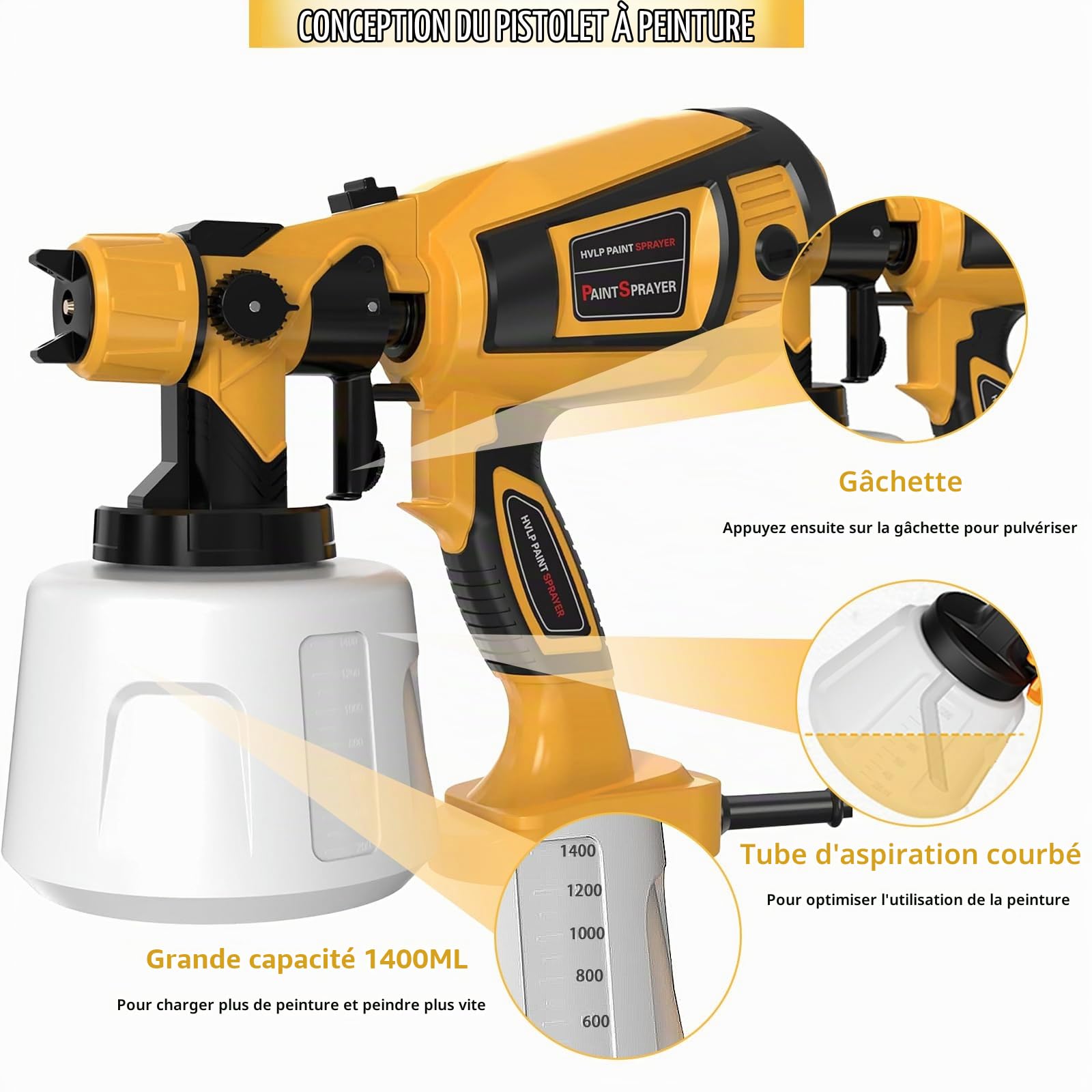 TOPALL Pistolet a Peinture Electrique,Pulvérisateurs de Peinture,850W 32000PRM 1400ML HVLP Pistolet Peindre avec 5 Buses et 3 Motifs pour Abri de Jardin, Meubles,Murs, Clôtures