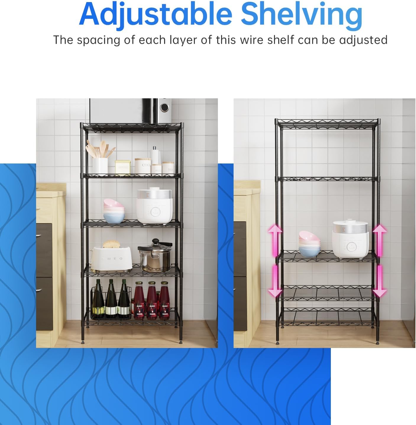 PayLessHere | 5-Tier Wire Shelf | 24"x14"x60" | Black | Adjustable Racks | Heavy-Duty Storage Shelves, Holds Upto 750 lbs | Rust-Resistant, No-Tool Assembly | for Home, Garage Shelving