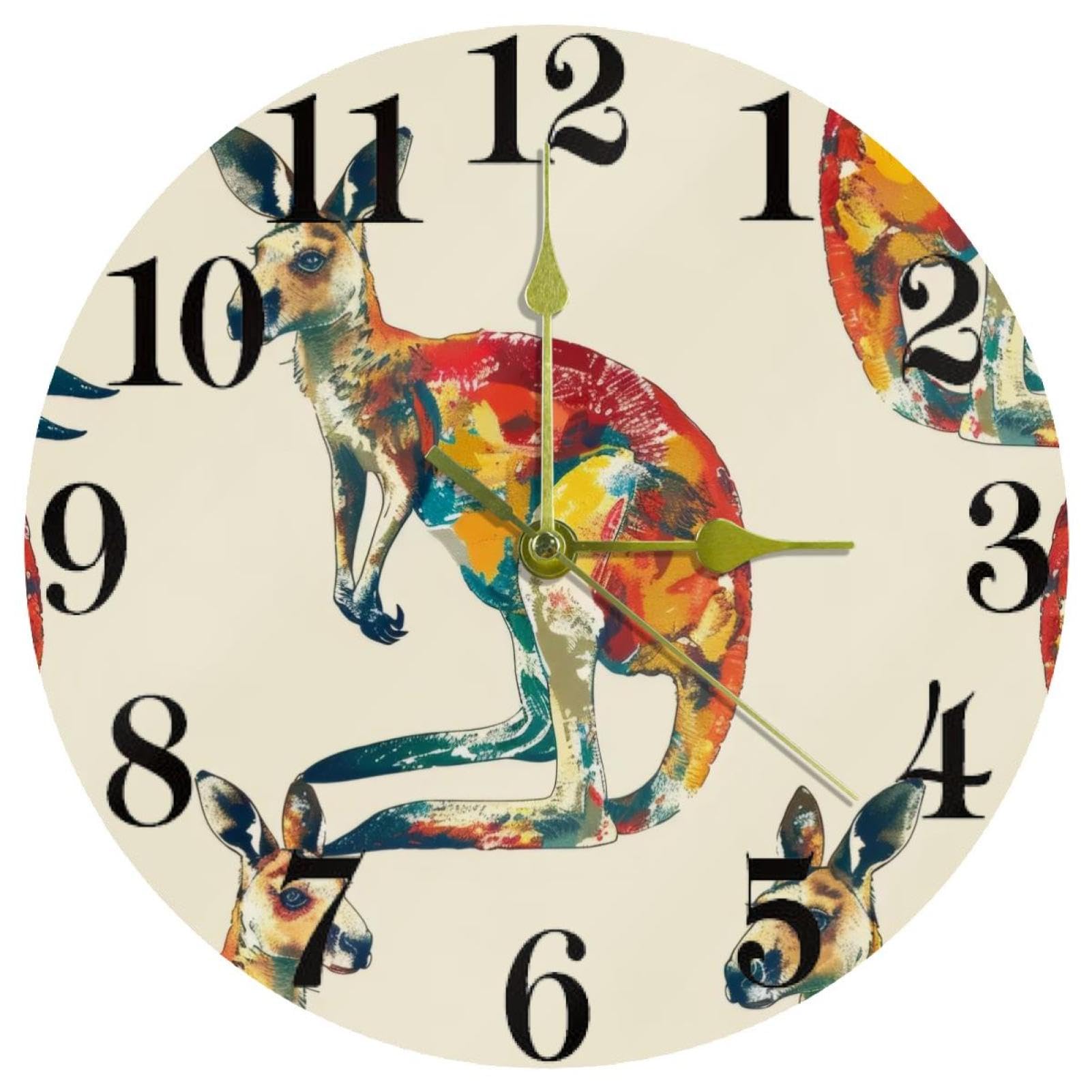 Horloge murale kangourou multicolore et silencieuse à quartz pour enfant