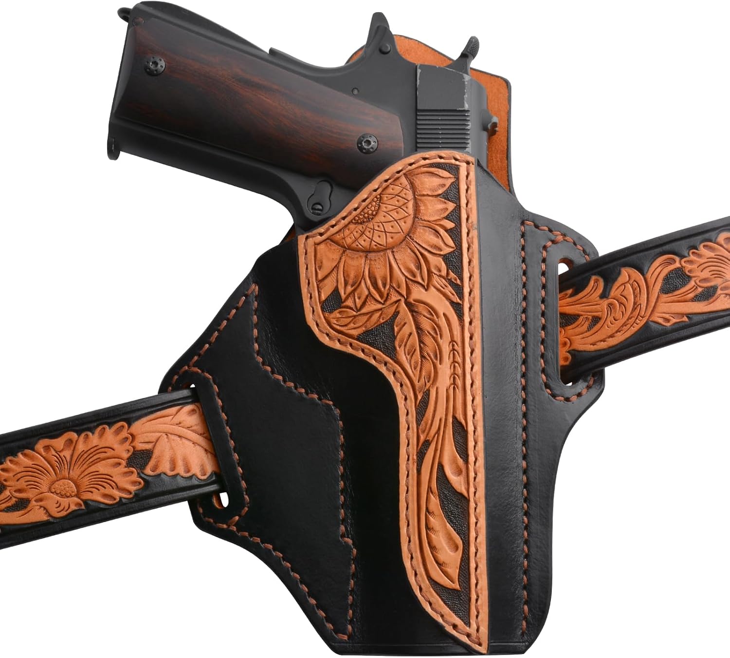 Handmade Carved Vegetable Tanned Cowhide Gun Holster ，Dual Hole OWB Hanging Design ， Suitable for 1911 Series Pistols ， Handmade Stitching ，Classic Retro Style