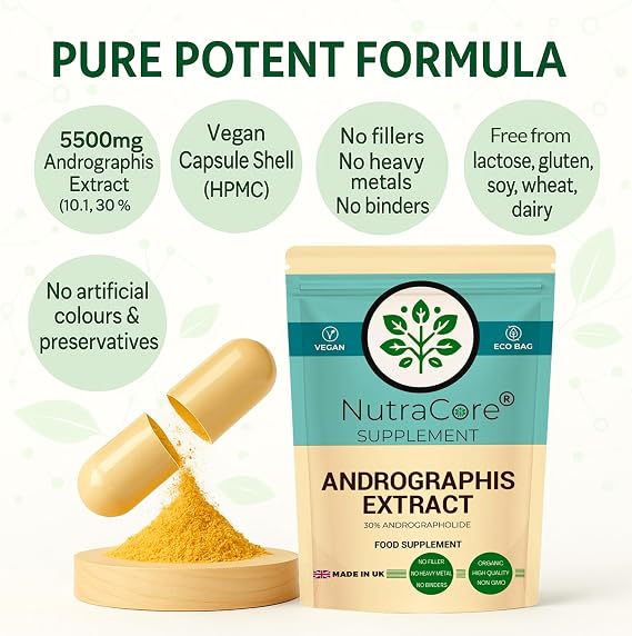 Andrographis Extract 550mg (10:1) – 30% Andrographolide Capsules – Immune System Support, Natural Defence & Wellness – High Strength Andrographis Paniculata – Vegan, Non-GMO, UK Made – NutraCore (90)