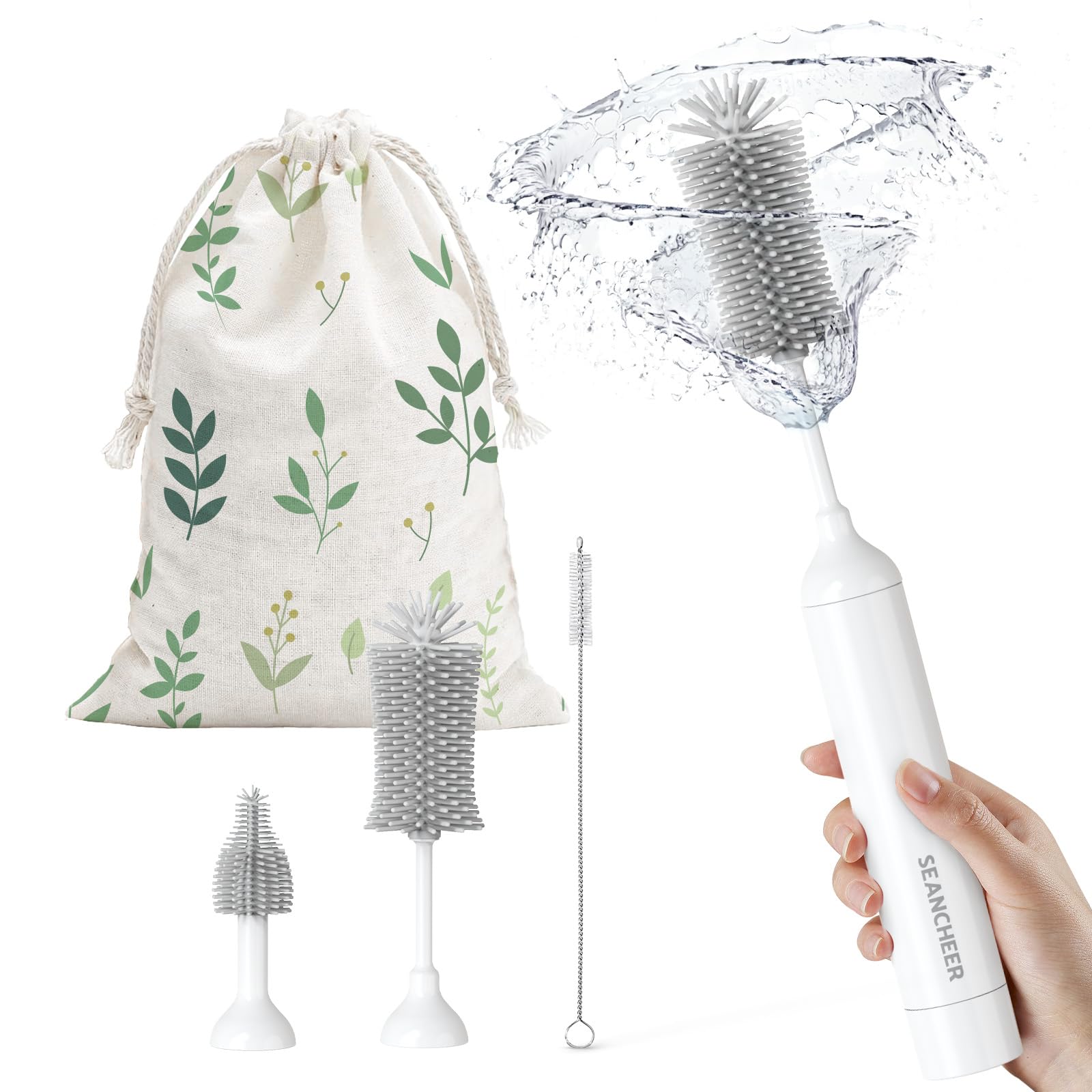 SEANCHEER S02 Electric Bottle Brush Set, Portable Baby Bottle Brush Cleaner, AA Battery-Powered & IPX7 Waterproof, with Silicone Bottle/Nipple/Straw Brush, for Home & Travel (Gray)
