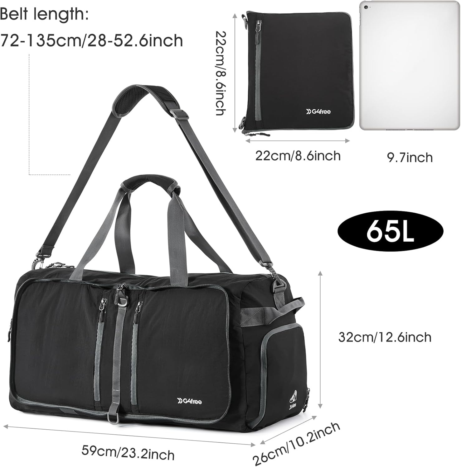 G4Free 65L Foldable Duffle Bag with Shoe Compartment for Travel Large Overnight Carry On Duffel Bag Packable for Men
