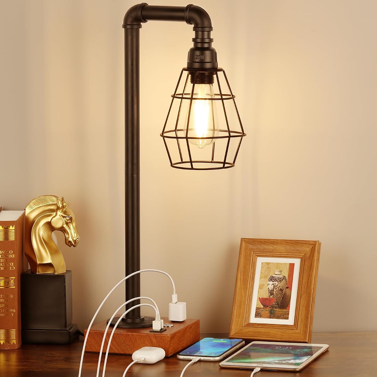 Industrial Desk Lamp, Bulb Included, 3 Way Dimmable Table Lamp with Dual USB Ports & AC Outlet, Edison Touch Control for Bedroom, Study, Living Room, Office
