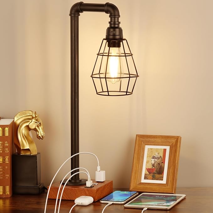 YBING YBING Industrial Desk Lamp, Bulb Included, 3 Way Dimmable Table Lamp with Dual USB Ports & AC Outlet, Edison Touch Control for Bedroom, Study, Living Room, Office