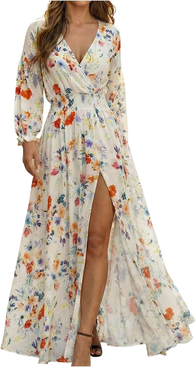Boho Floral Long Sleeve Swing Maxi Dress for Women Elegant High Waisted A-Line Flowy Party Cocktail Dresses