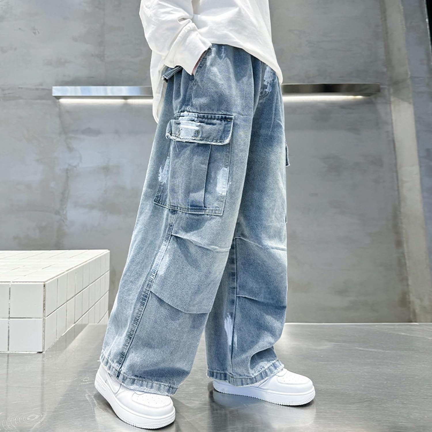 SANGTREE Boys' Baggy Jeans Spray Paint Denim Cargo Pants Hip Hop Streetwear 6-14 Years