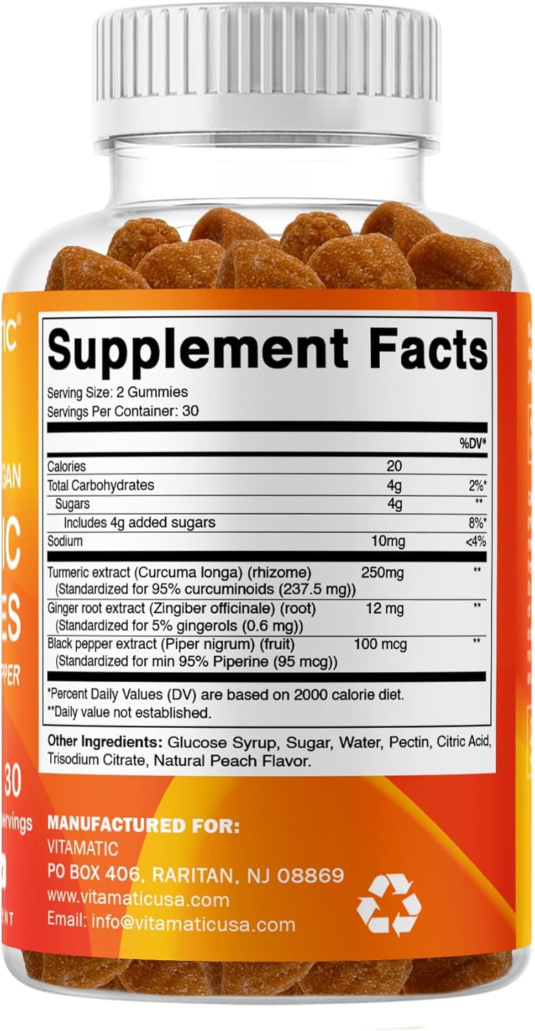Vitamatic Turmeric Gummy with Ginger & Black Pepper Extract – 60 Vegan Gummies Each | 2 Pack (120 Gummies) 95% Curcuminoids – Powerful Antioxidant & Inflammatory Support - Image 8