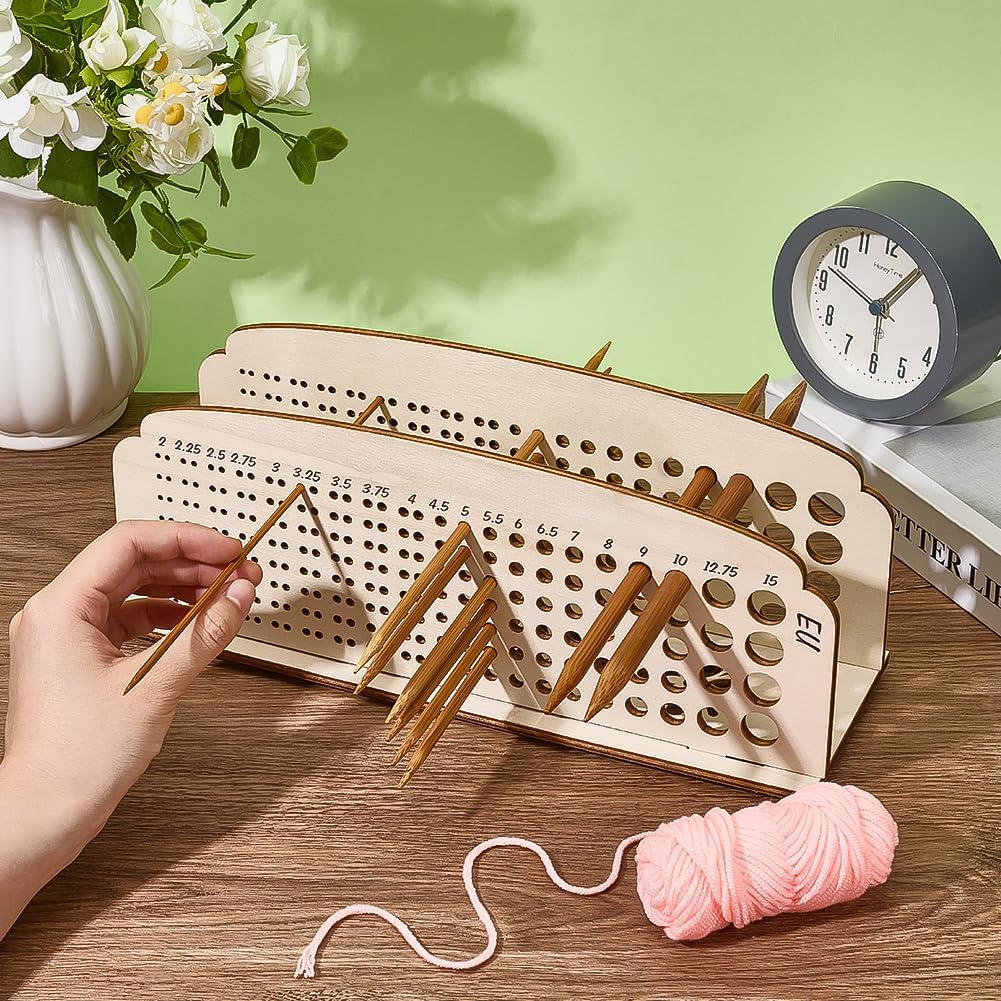 PH PandaHall Wooden Knitting Needle Organizer, US Size 0-19(2-15mm) Knitting Needles Holder Crochet Hook Storage Display Stand for Straight Circular Needles, Hollow Flower Style, 12.4x3.9x4.5inch