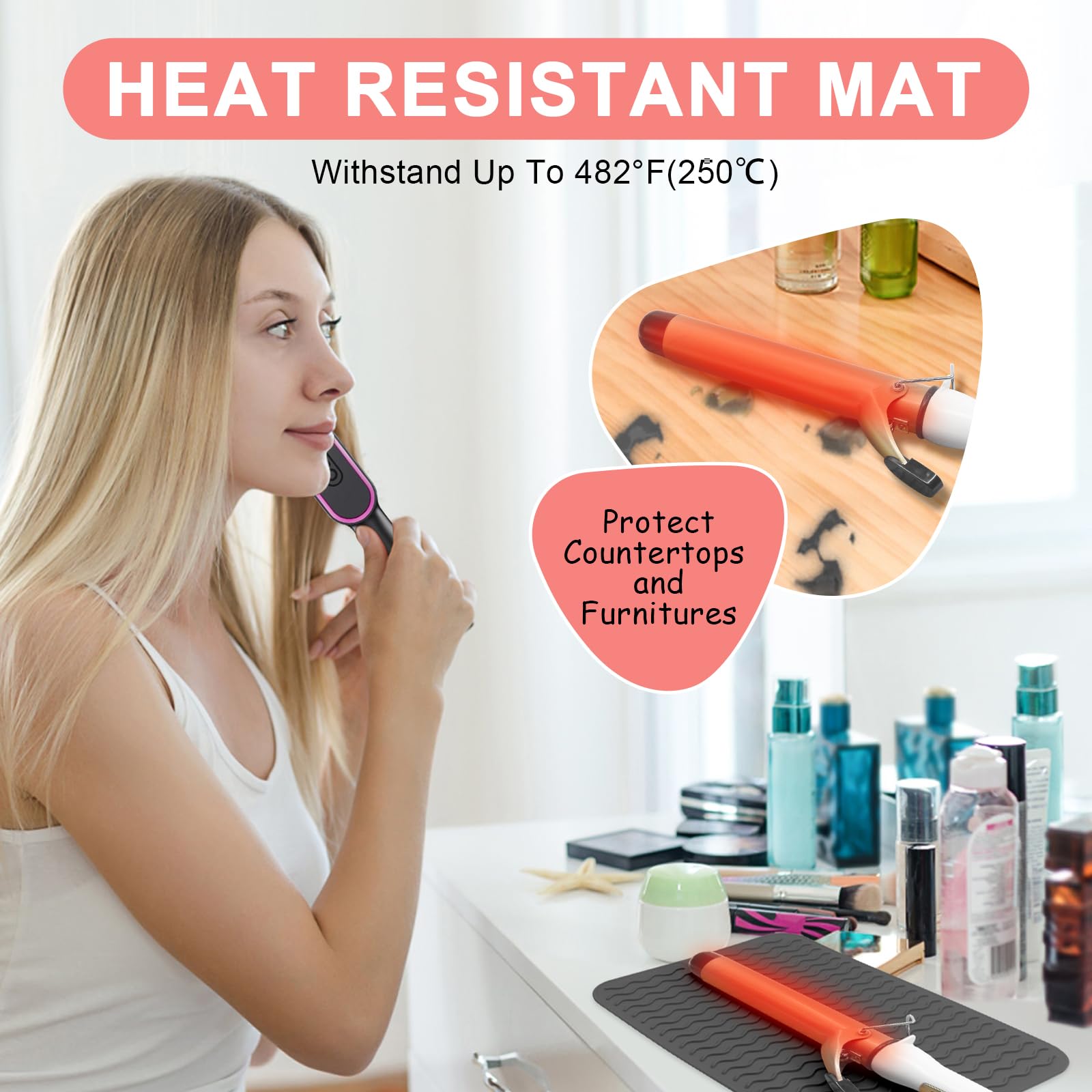 Suafrnut Hitzebeständige Silikonmatte für Haarwerkzeuge in Übergröße (30,5 x 22,9 cm) | Tragbare Reise-Hot-Tools-Pad-Abdeckung für Lockenstab, Glätteisen, Haarglätter und Haarstyling-Werkzeuge
