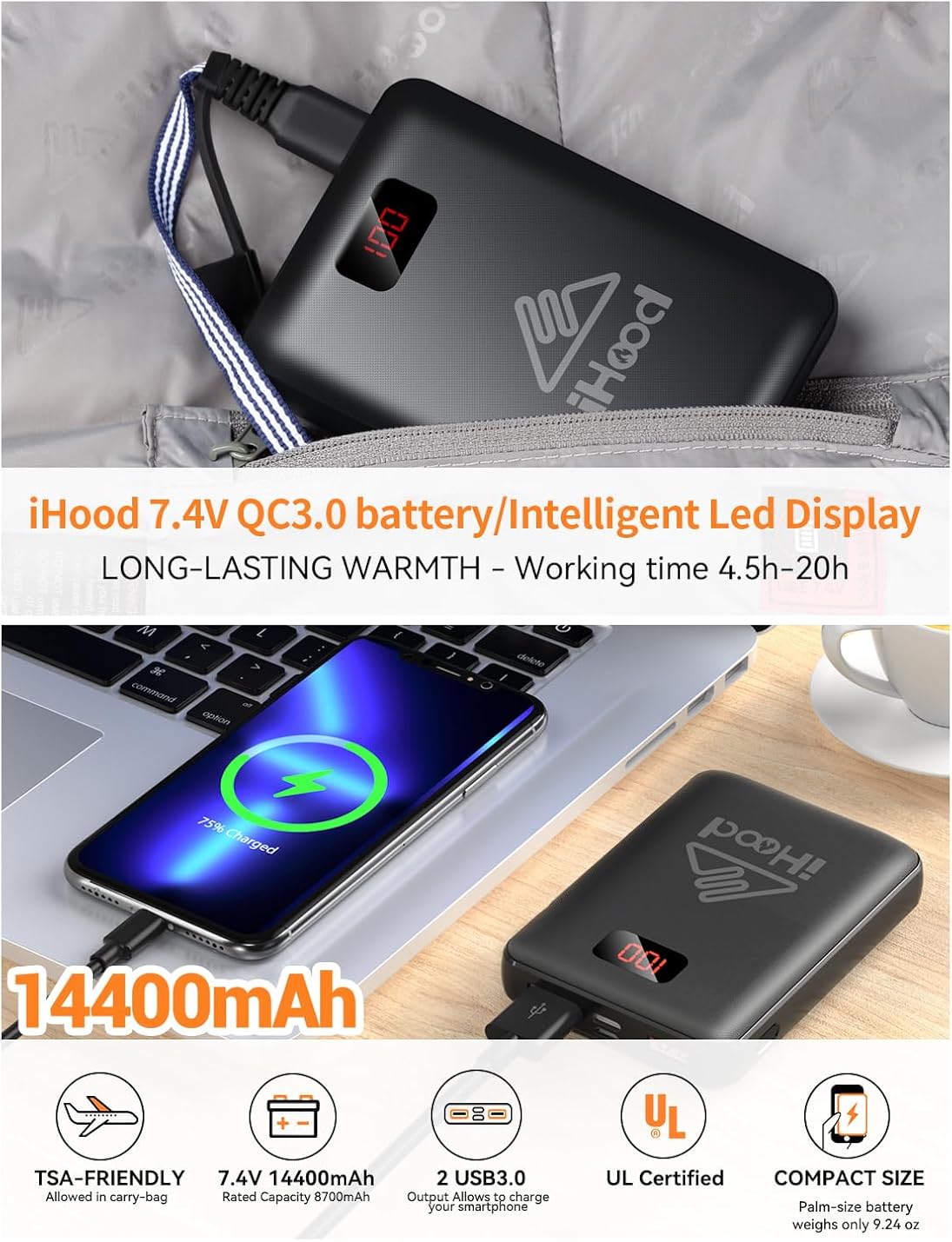 Miniatura 5 de iHood Chaleco térmico para mujer con batería, chaleco térmico para mujer con capucha térmica retráctil, chaquetas térmicas lavables para mujer