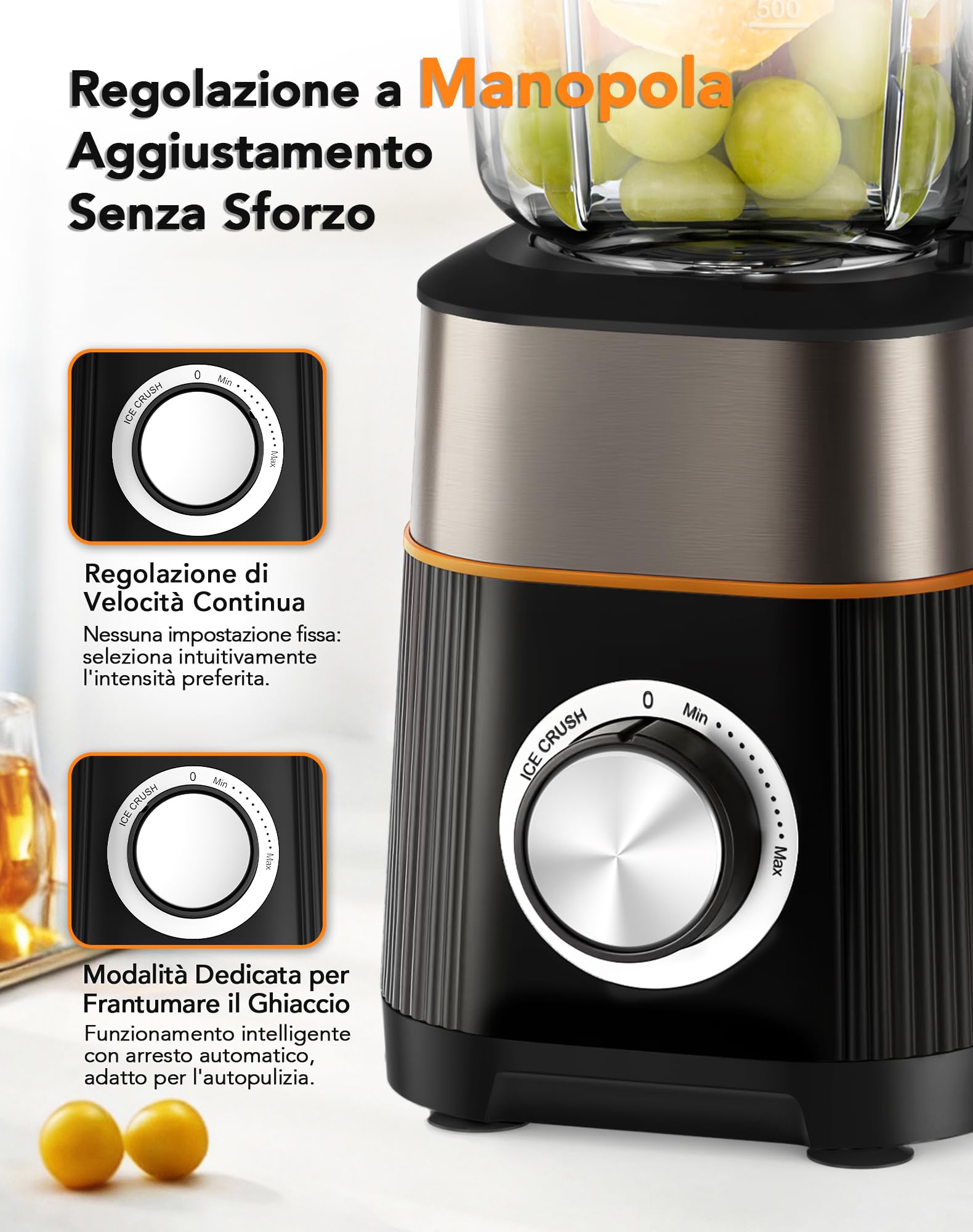Frullatore 1000W, Frullatore Elettrico Multifunzione 2-in-1, Mixer Cucina Bicchiere in Vetro 1,5L e Bottiglia Portatile 600ml, Lama Acciaio Inox per Ghiaccio, Auto-Pulizia, Regolazione Velocità