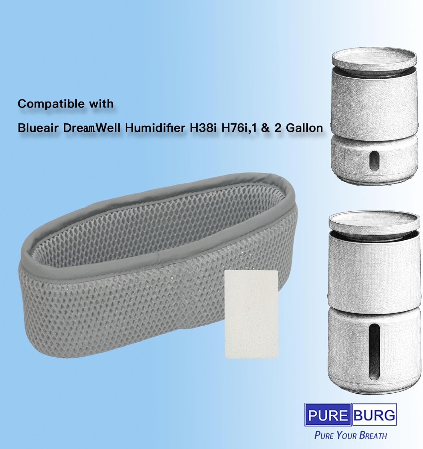 PUREBURG Replacement Wick Filter Compatible with Blueair DreamWell Humidifier H38i H76i,1 & 2 Gallon, 4-Pack with Aroma Pad x 12 for Air Clean Home Room