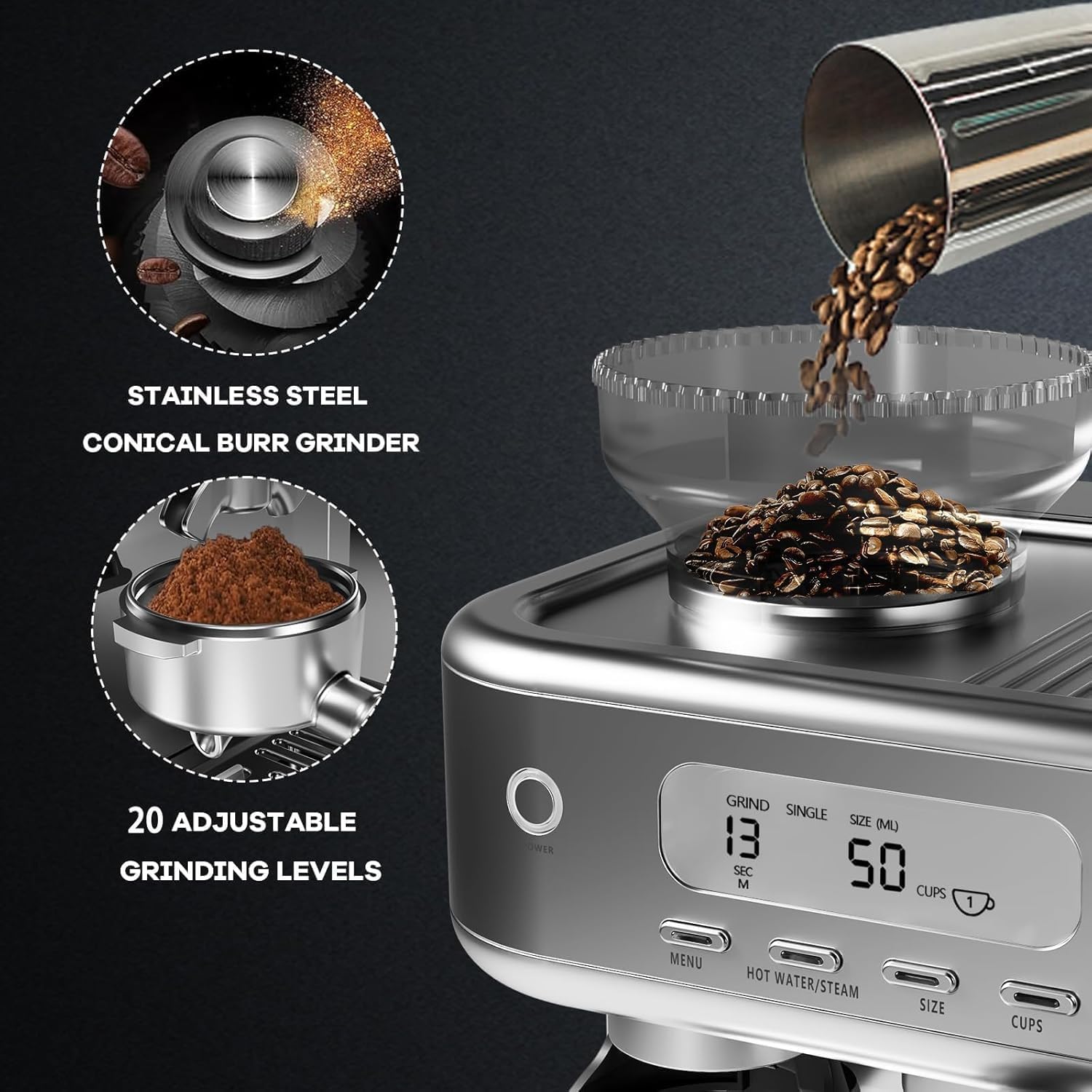 Towallmark 20 Bar Espresso Machine with Integrated Grinder | Professional Coffee Maker with Milk Frother & LCD Display | Stainless Steel Home Barista System (Single/Double Brew)