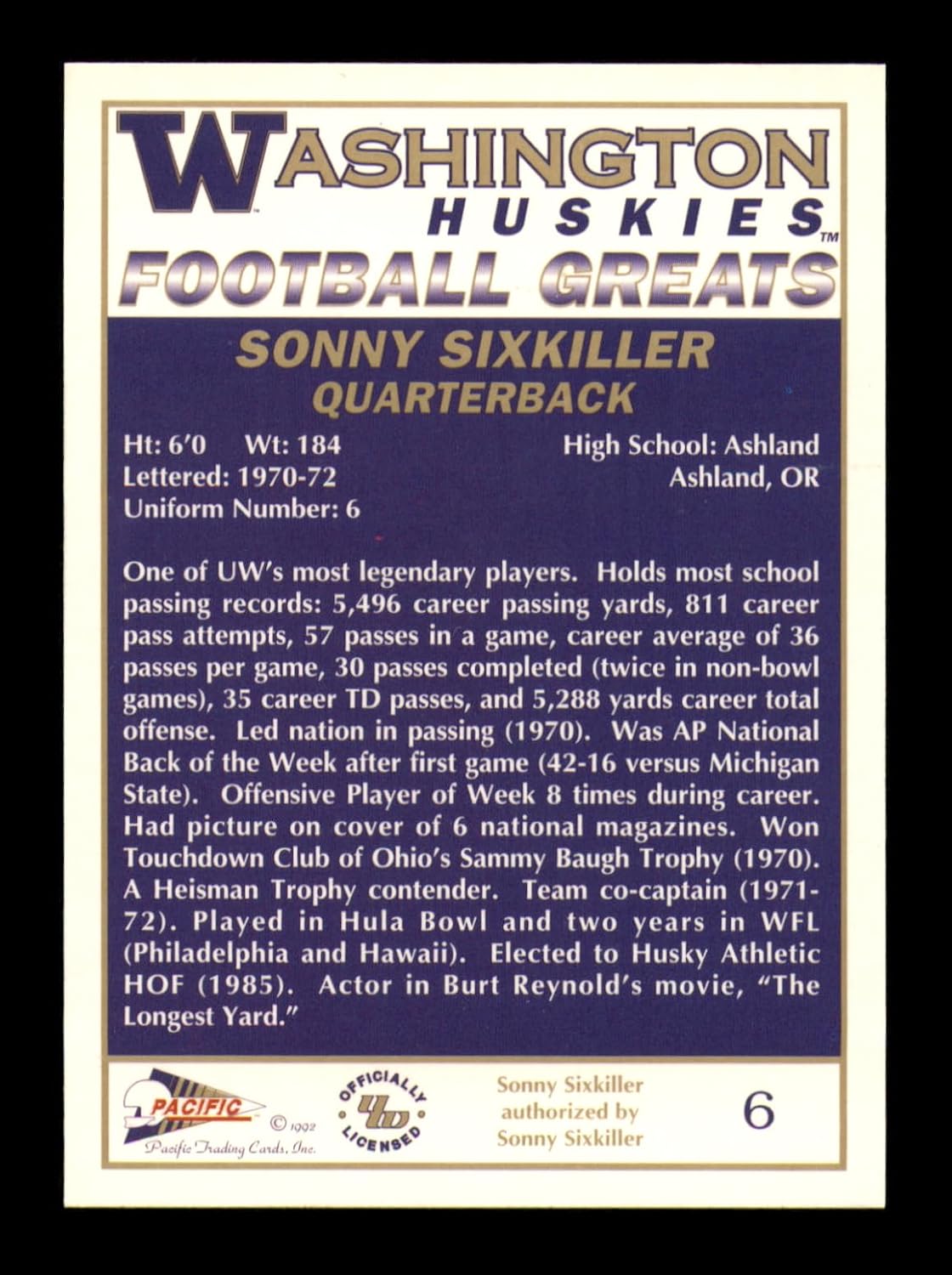 Sonny Sixkiller Autographed 1992 Pacific Football Card #6 SKU #251098