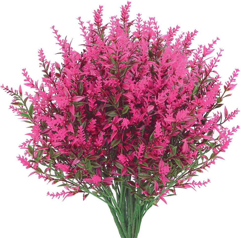 GREENRAIN 8 Bundles Artificial Lavender Flowers Outdoor Fake Flowers for Decoration UV Resistant No Fade Faux Plastic Plants Garden Porch Window Box Dรฉcor (Hot Pink)